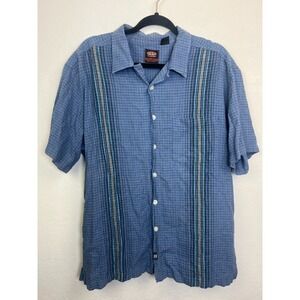 OTB Button Up Shirt Mens L Blue Linen Cotton Check Striped Y2K Short Sleeve